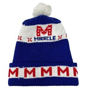 Vintage Knit Beanie Pom Pom Miracle Red White Blue Hat Letter M Winter